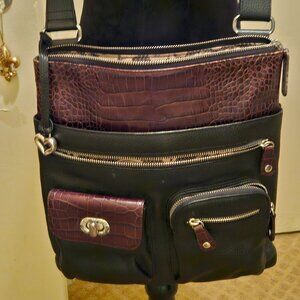 Brighton Black Pebbled Leather 6 pocket Messenger Bag. 12" x 12". Fuax Croc Trim